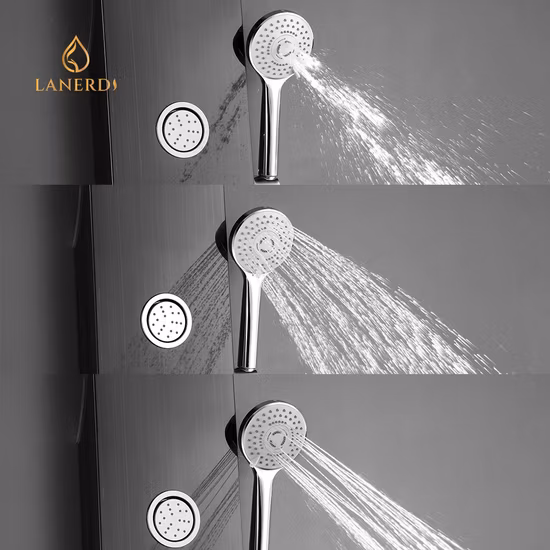 도매 벽 마운트 세 가지 기능 바디 제트 스파 마사지 샤워 타워 수도꼭지 블랙 샤워 패널 시스템 샤워 칼럼 304 스테인레스 스틸 샤워 패널